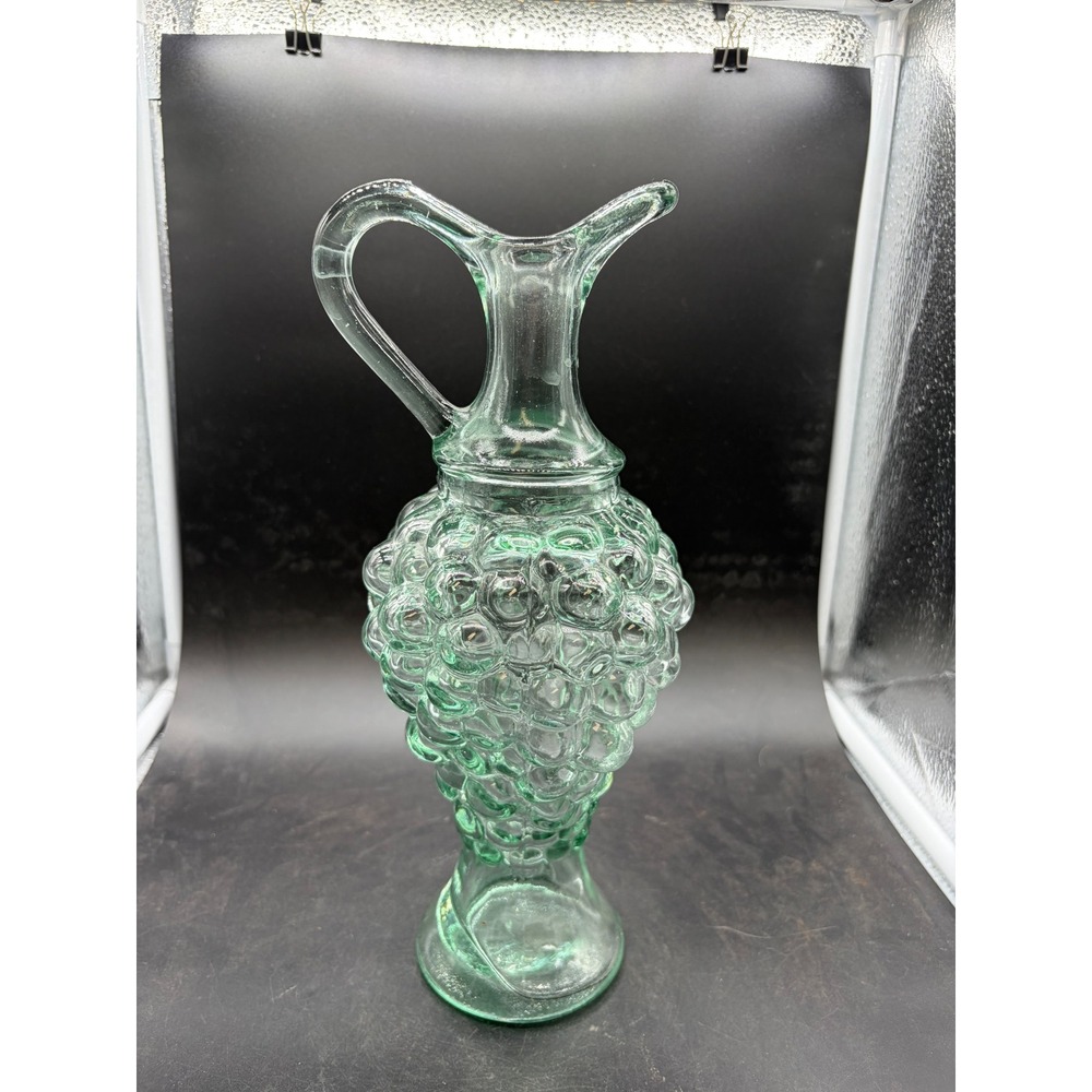 Vintage Green Glass Grape Cluster Decanter Pitcher Carafe Mid Century Decor 11"